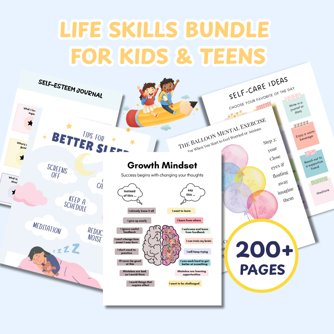 Life Skills Bundle for Kids & Teens, Calming Techniques, Anger Management, Growth Mindset, Assertive Communication, Sleep Hygiene, Daily Routine