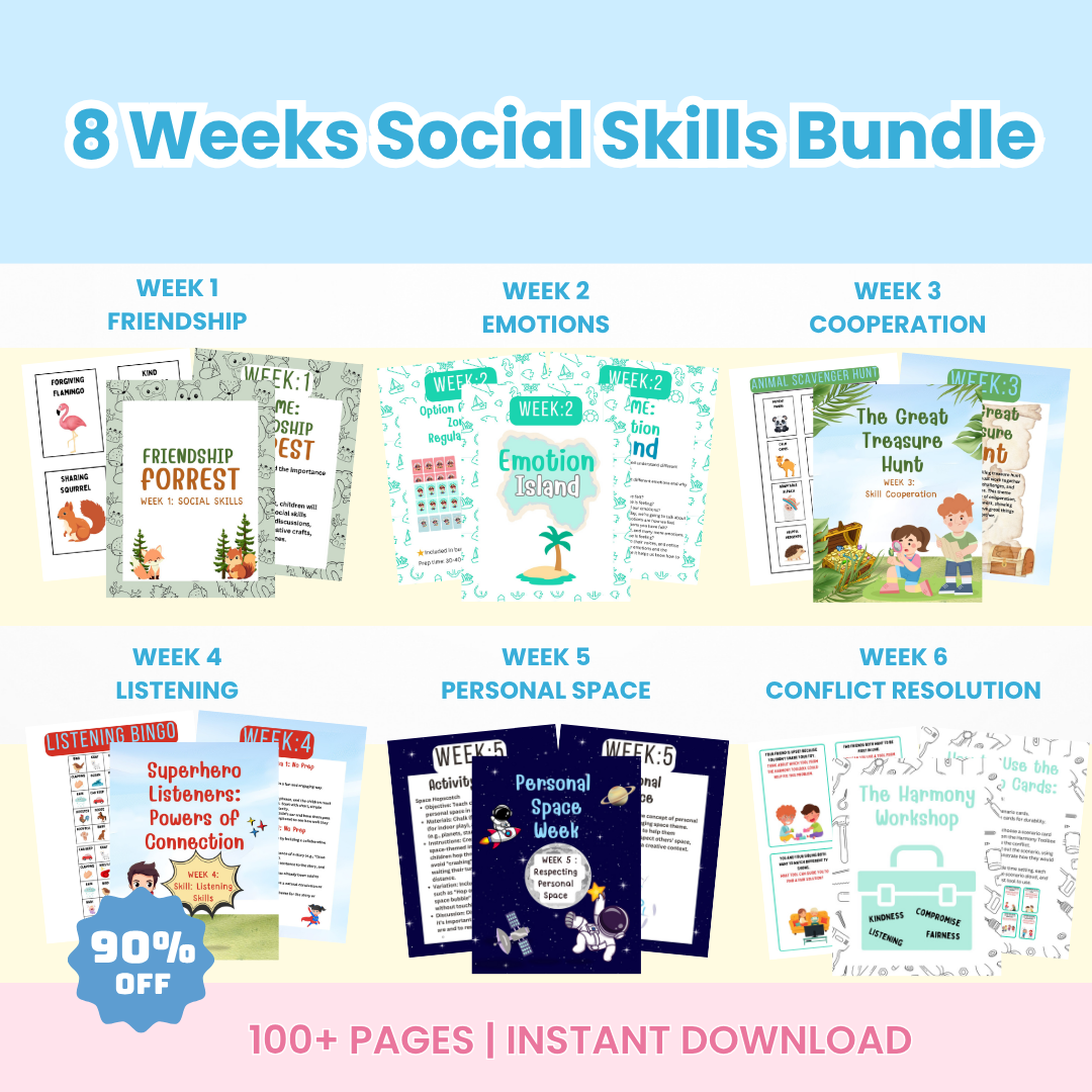 8-Week Social Skills activities and Curriculum Bundle| Friendship, Emotions, Cooperation, Conflict Resolution activities bundle, Apology