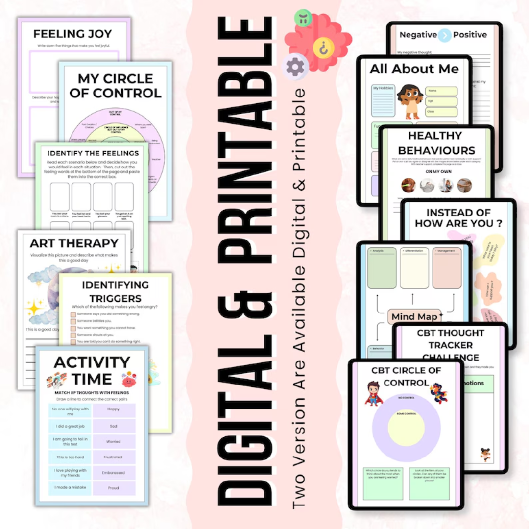 Kids CBT Worksheets, Cognitive Behavioral Therapy Activities for Children, Printable Mental Health Counseling Tools, Emotional Regulation