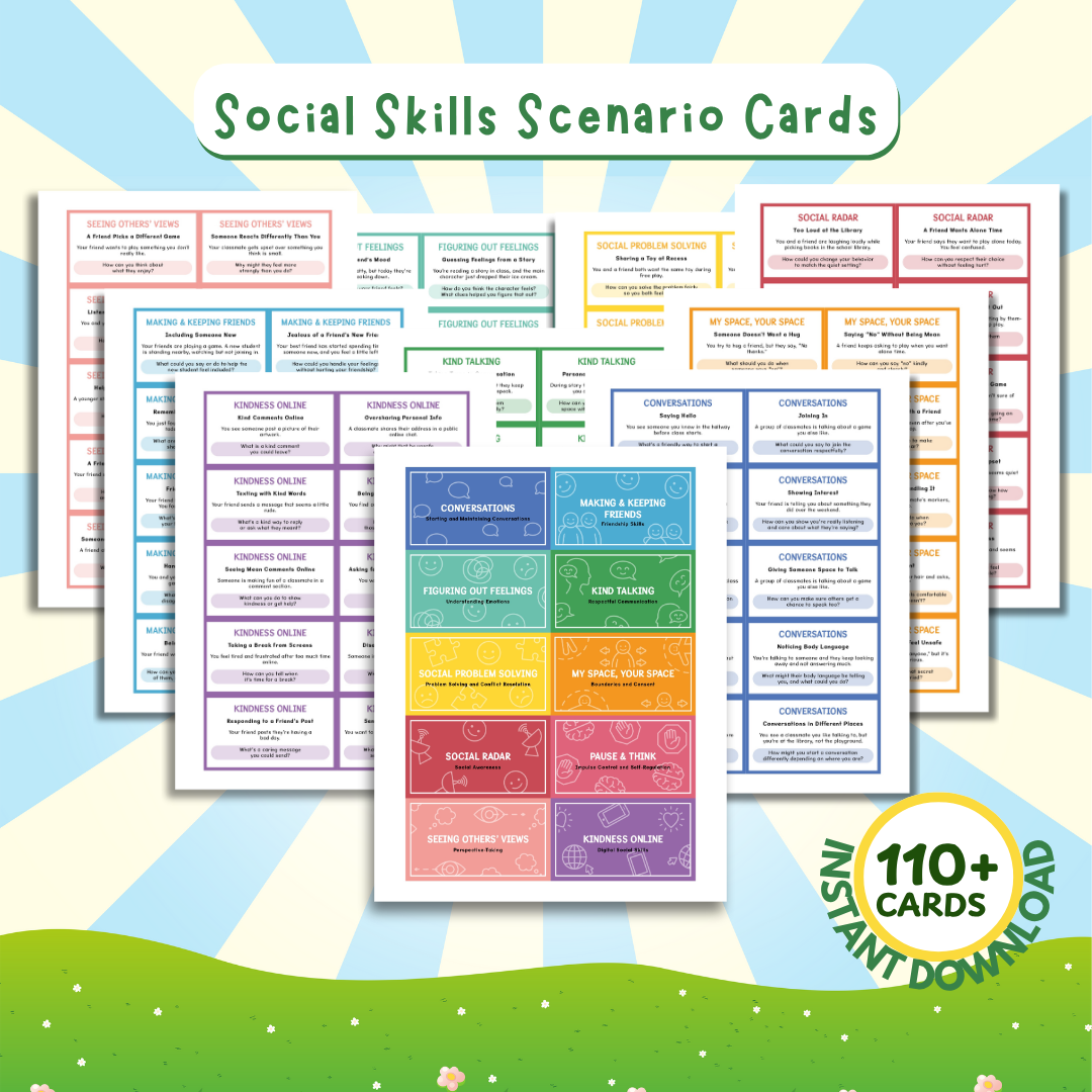 Social Skills Scenario Cards, 100 Social Emotional Learning Prompts, Autism Problem Solving, Conflict Resolution, ADHD Self-Regulation 0045