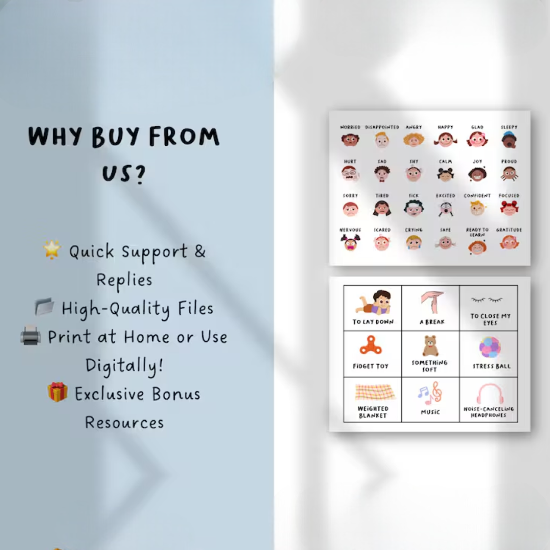 Feelings and Needs Chart for Kids, Editable Emotions Board, Preschool Social Emotional Learning, US Letter Printable & Bonus Worksheets