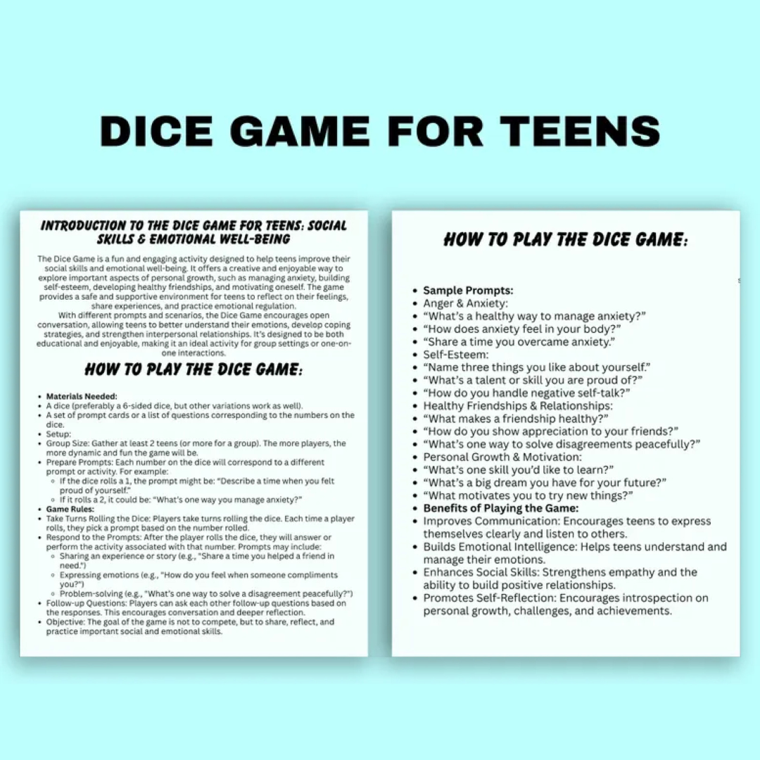 Teen Therapy Dice Game: Anxiety, Anger, Self-Esteem Table Talk (Printable)