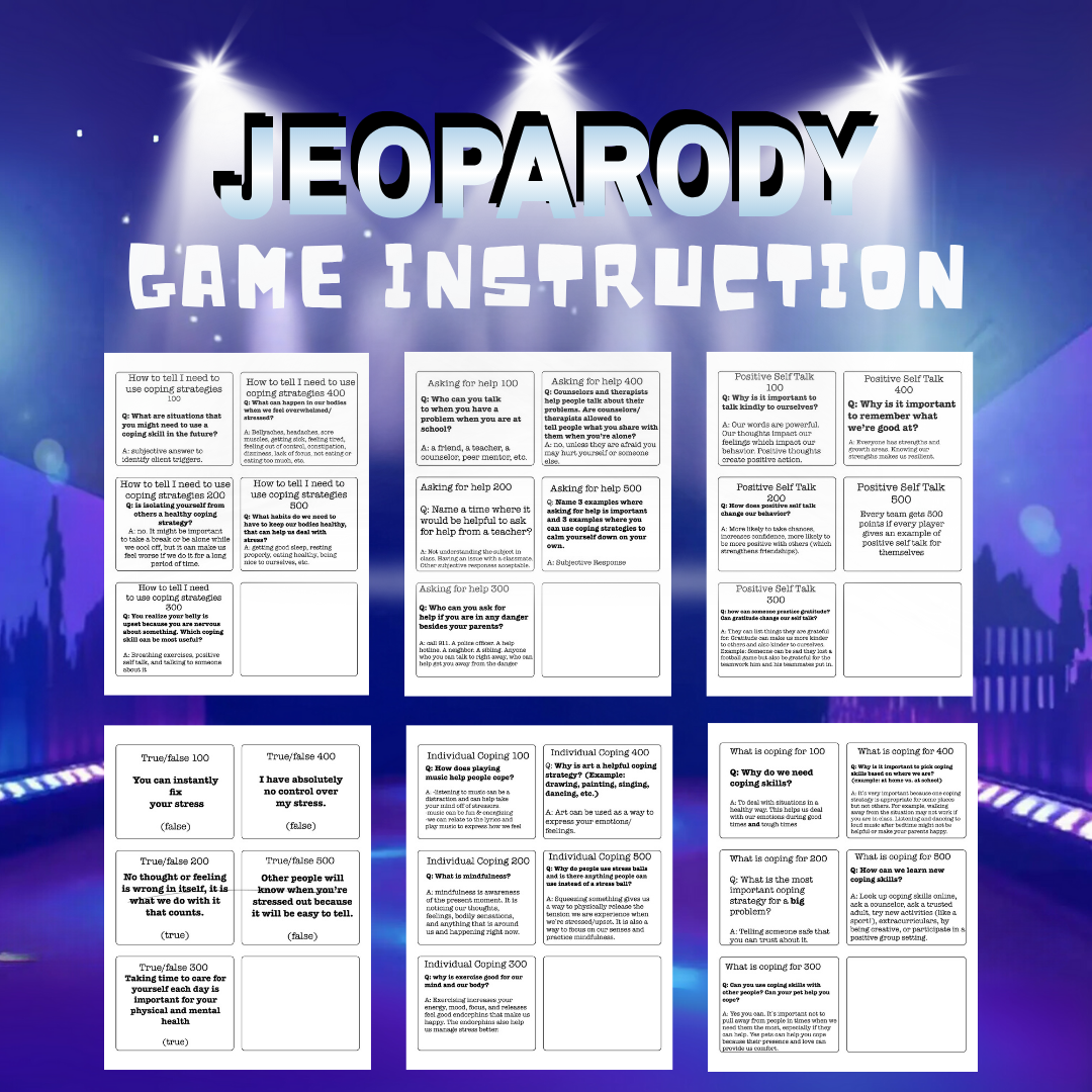 Coping Skills Jeopardy Game Mental Health Inspired Questions: therapy game, group therapy, classroom, individual, instant download, print