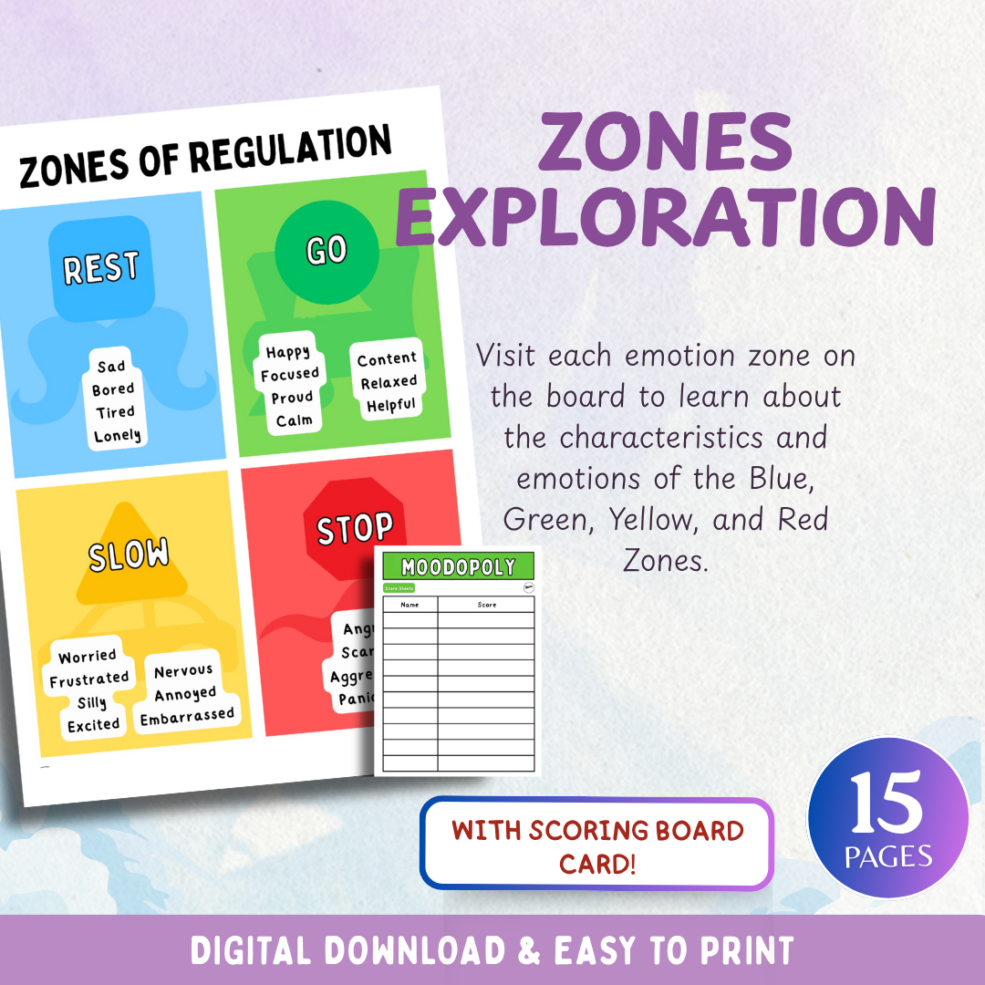 Moodopoly, Zones of Regulation Board Game, Instant Download & Print, Emotional Tools for Kids
