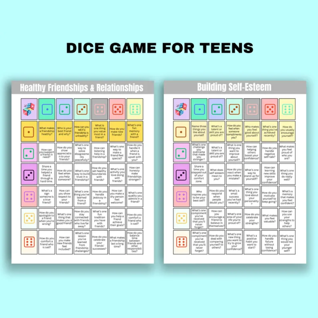 Teen Therapy Dice Game: Anxiety, Anger, Self-Esteem Table Talk (Printable)