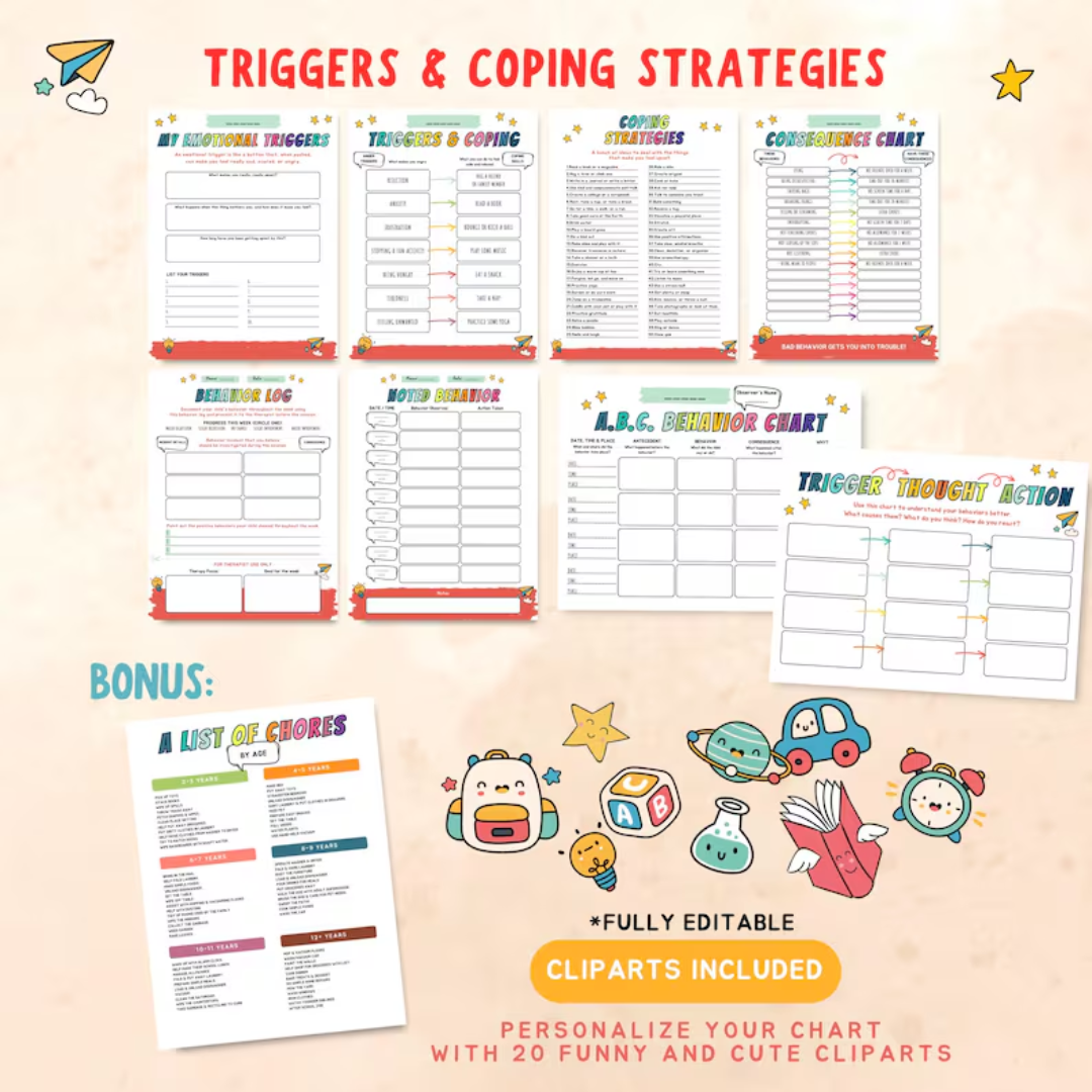 Kids Executive Function Success Pack, Chore Chart, Daily Routine, Behavior Tracker, Time Management, Coping Strategies