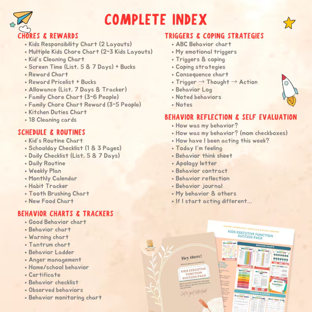 Kids Executive Function Success Pack, Chore Chart, Daily Routine, Behavior Tracker, Time Management, Coping Strategies