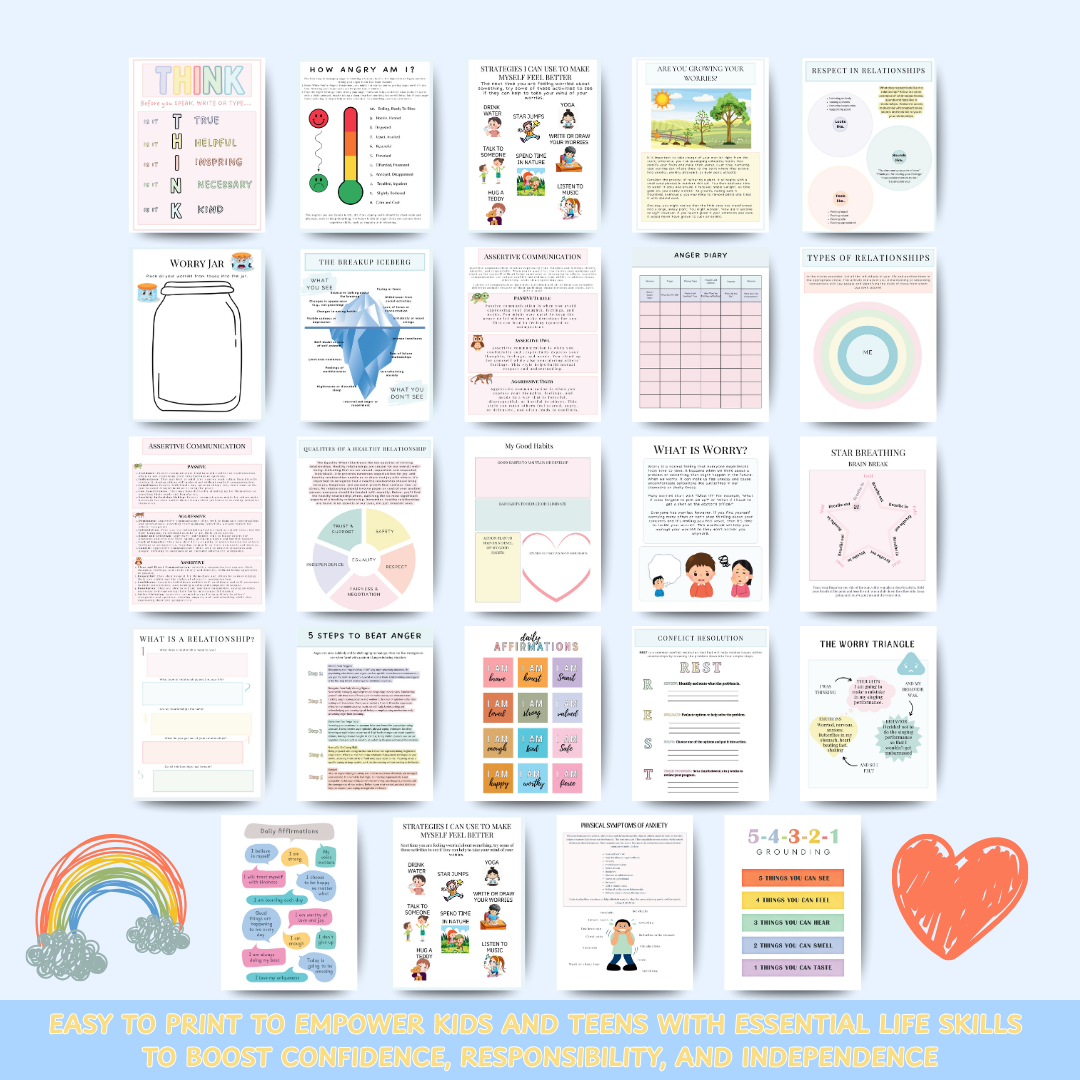 Life Skills Bundle for Kids & Teens, Calming Techniques, Anger Management, Growth Mindset, Assertive Communication, Sleep Hygiene, Daily Routine