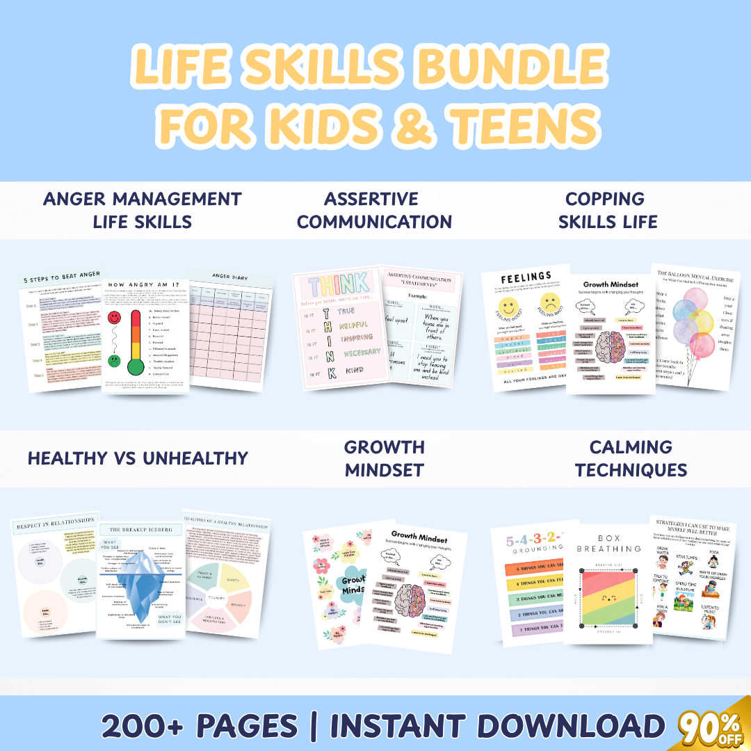 Life Skills Bundle for Kids & Teens, Calming Techniques, Anger Management, Growth Mindset, Assertive Communication, Sleep Hygiene, Daily Routine