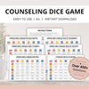 School Counseling Dice Game for Teens, Youth Group Therapy Game, Therapeutic Table Talk Questions for Anxiety, Depression, Emotions, Anger