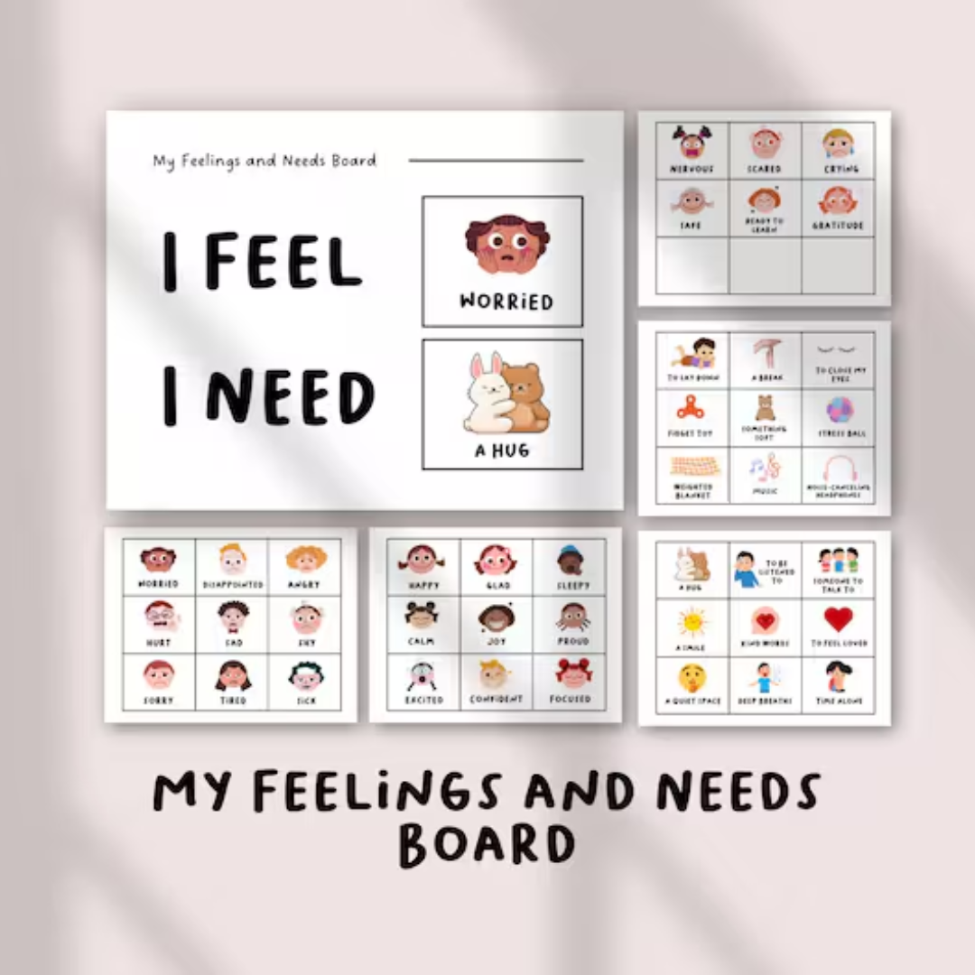 Feelings and Needs Chart for Kids, Editable Emotions Board, Preschool Social Emotional Learning, US Letter Printable & Bonus Worksheets