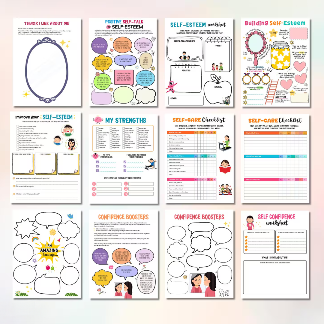 Self-Esteem Worksheet Bundle: Mental Health Activities for Kids & Teens