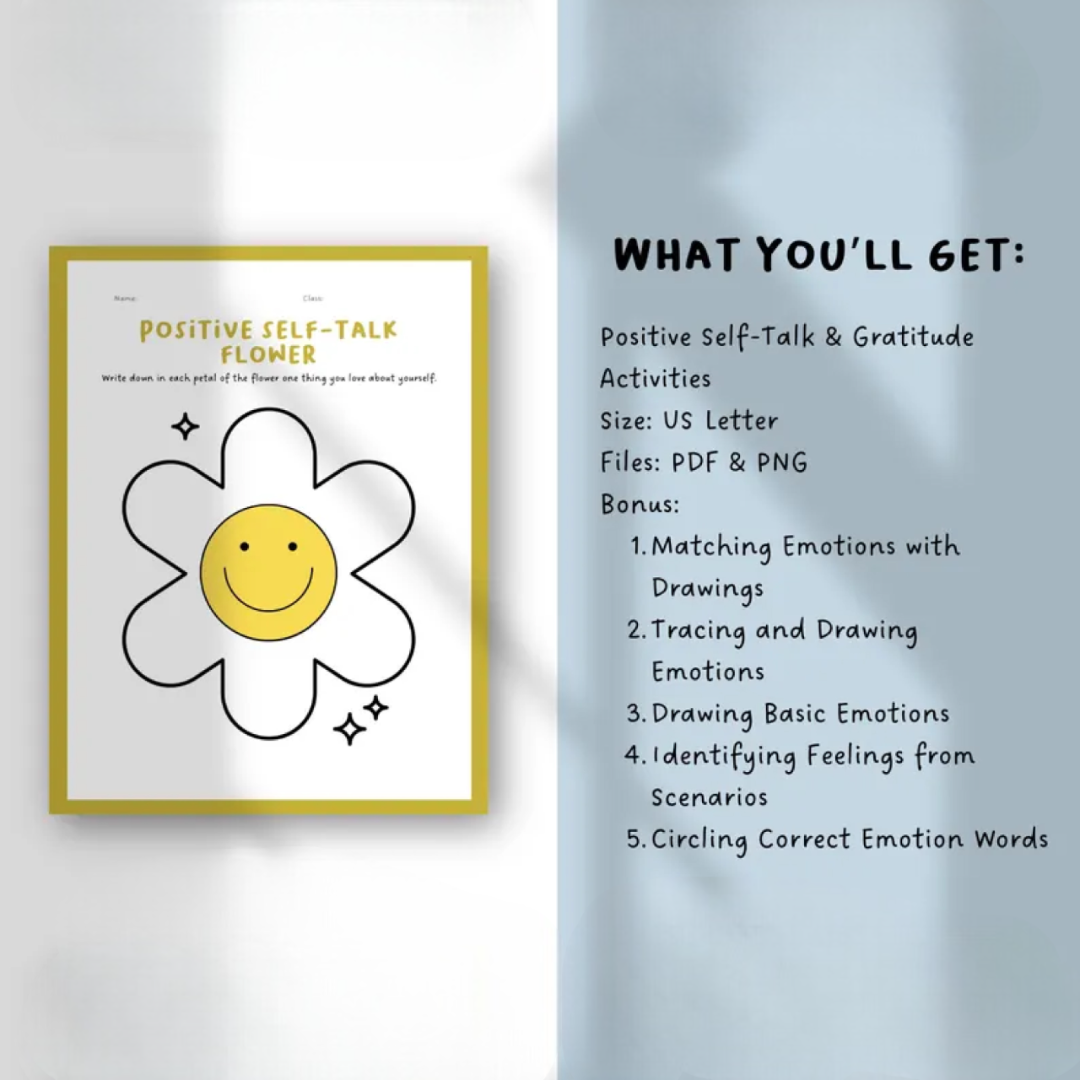 Positive Self-Talk & Gratitude Activities | SEL Journal Prompts for Kids | Growth Mindset Worksheets | Daily Affirmation Thankful Practice