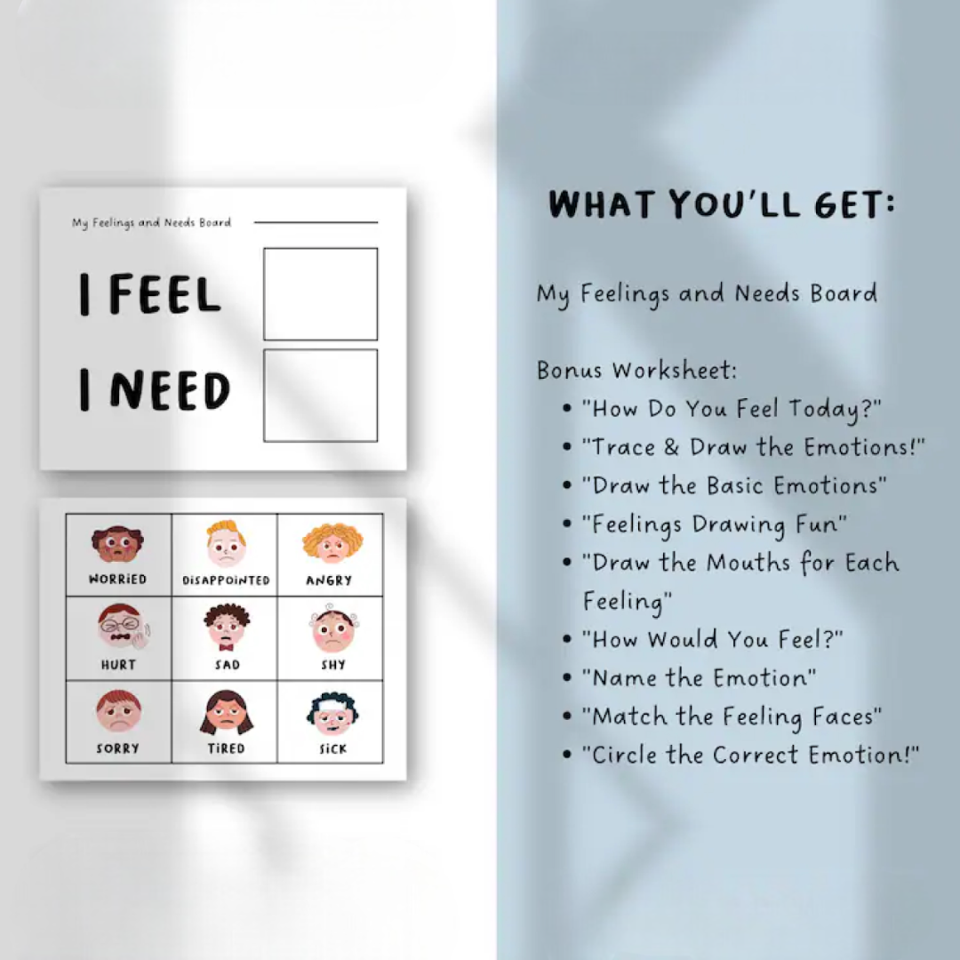 Feelings and Needs Chart for Kids, Editable Emotions Board, Preschool Social Emotional Learning, US Letter Printable & Bonus Worksheets