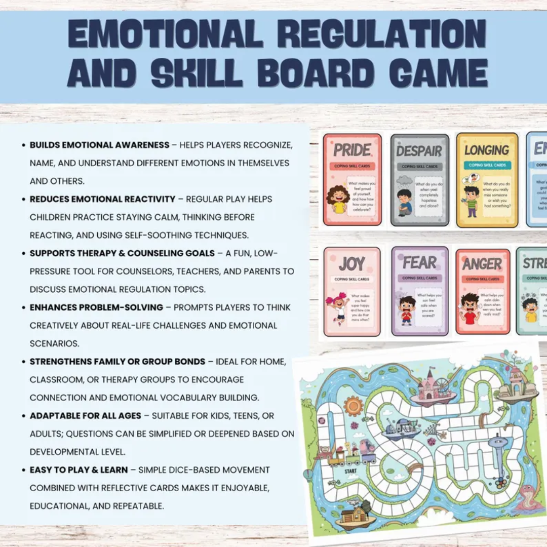 Emotional Regulation & Coping Skills Board Game, School Counselor Game, Social Emotional Learning, Mindfulness Game For Kids, 15+ Cards