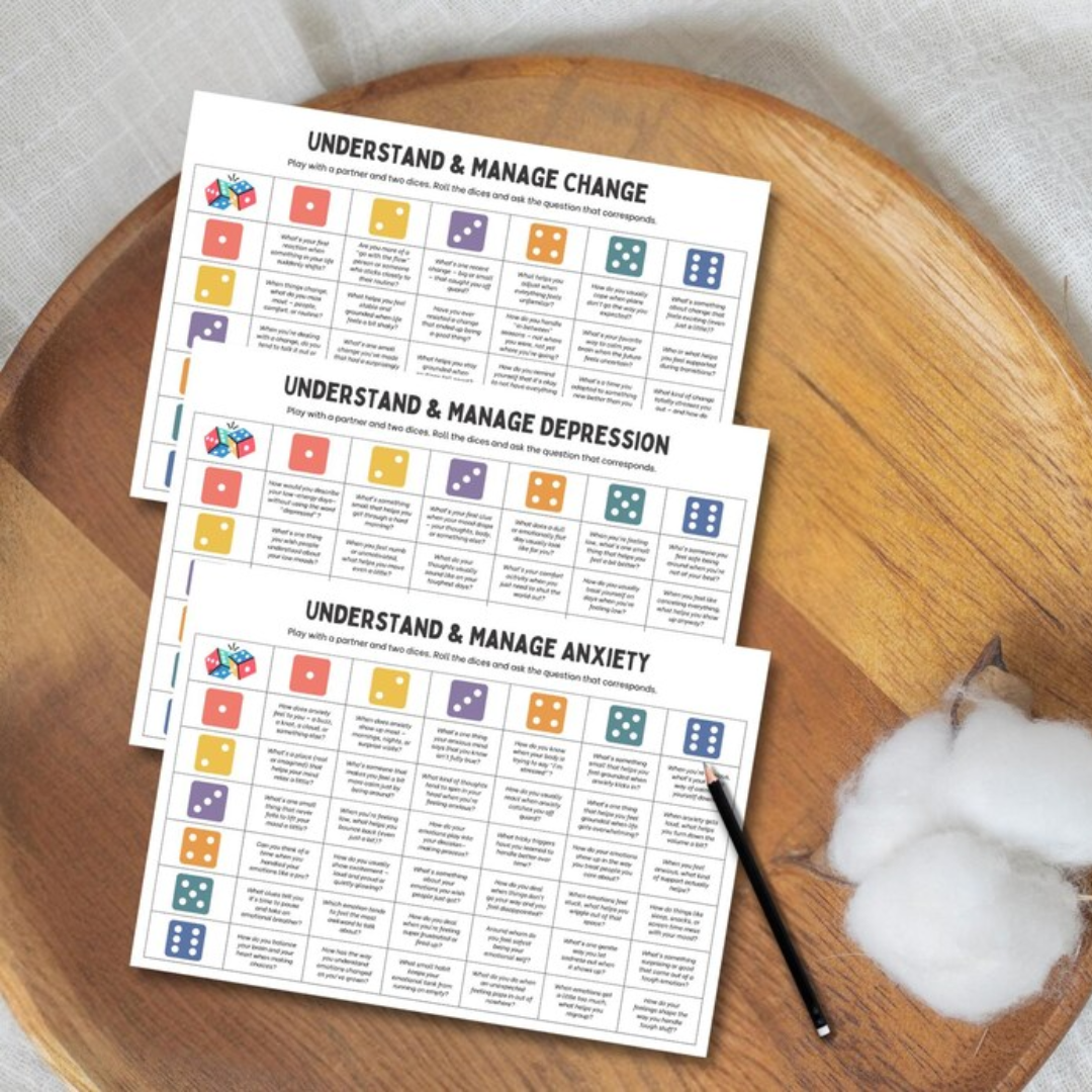 School Counseling Dice Game for Teens, Youth Group Therapy Game, Therapeutic Table Talk Questions for Anxiety, Depression, Emotions, Anger