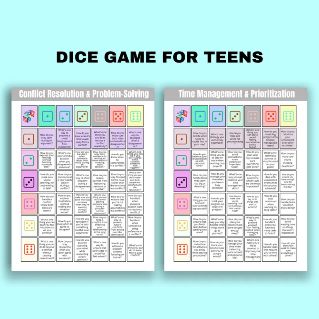Teen Therapy Dice Game: Anxiety, Anger, Self-Esteem Table Talk (Printable)
